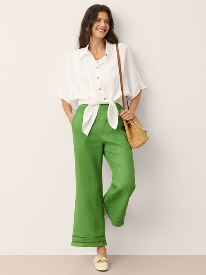 100% Linen Lace Trim Elasticated Waist Cropped Flare Pants NERINA