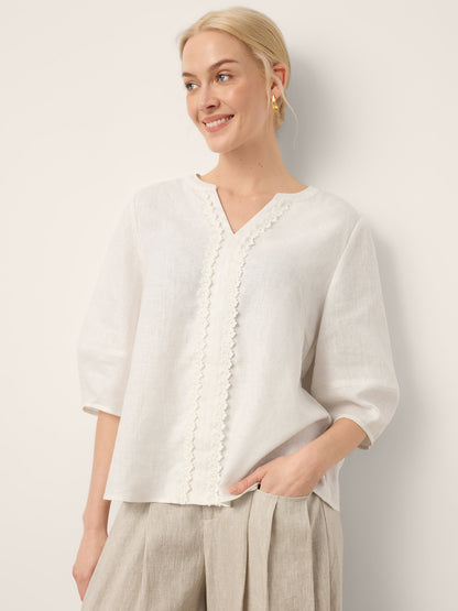 100% Linen Lace Trim Lantern Sleeve V-Neck Top LIVIAN