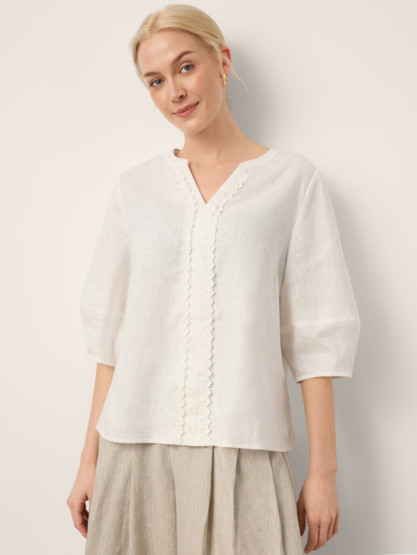 100% Linen Lace Trim Lantern Sleeve V-Neck Top LIVIAN