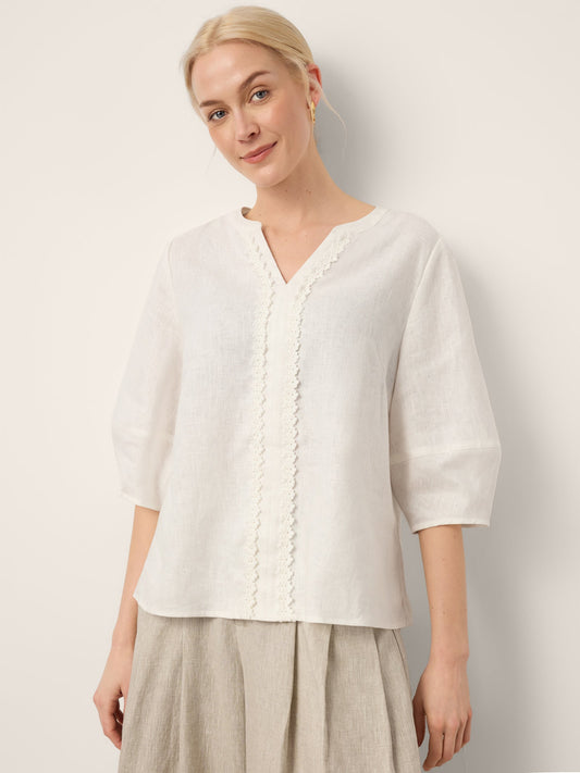 100% Linen Lace Trim Lantern Sleeve V-Neck Top LIVIAN