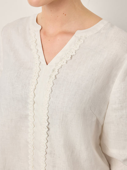 100% Linen Lace Trim Lantern Sleeve V-Neck Top LIVIAN