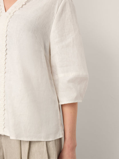 100% Linen Lace Trim Lantern Sleeve V-Neck Top LIVIAN