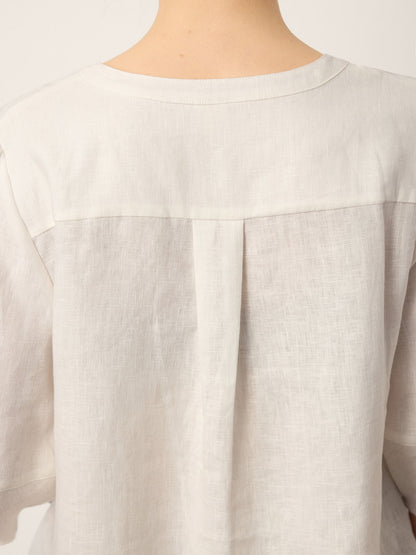100% Linen Lace Trim Lantern Sleeve V-Neck Top LIVIAN