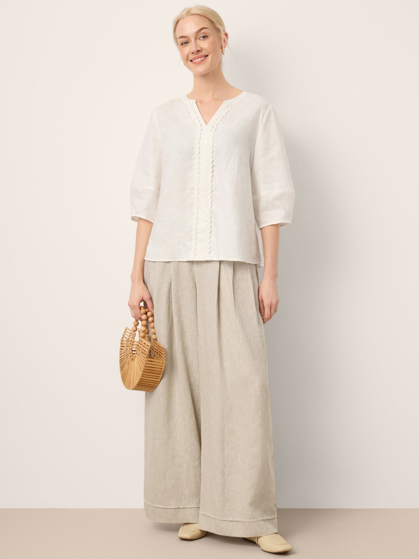 100% Linen Lace Trim Lantern Sleeve V-Neck Top LIVIAN