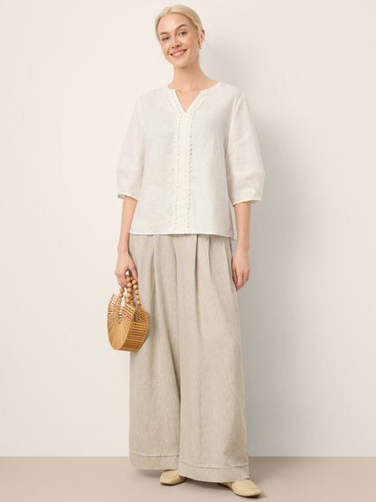 100% Linen Lace Trim Lantern Sleeve V-Neck Top LIVIAN