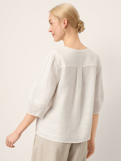 100% Linen Lace Trim Lantern Sleeve V-Neck Top LIVIAN