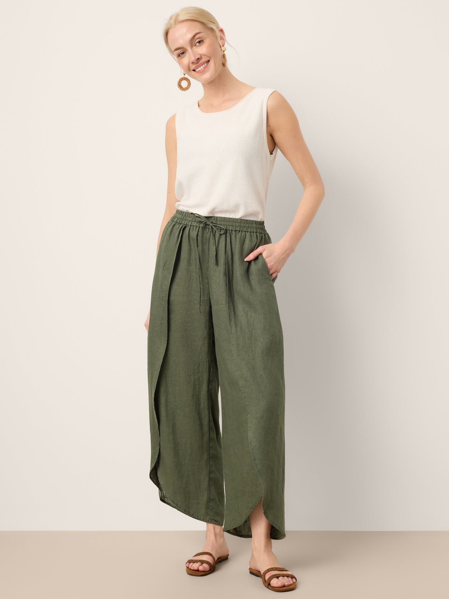 100% Linen Layered Slit Wide-Leg Drawstring Pants PEREGRINE