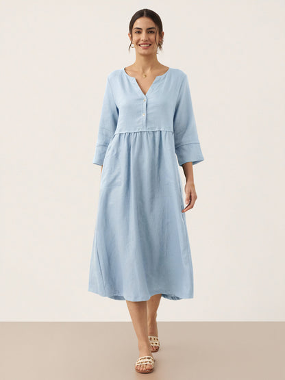 100% Linen Loose Fit Button Waist Gathered Midi Dress LUNA