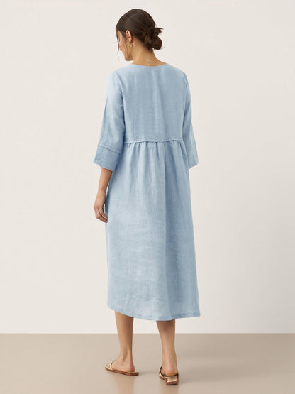 100% Linen Loose Fit Button Waist Gathered Midi Dress LUNA