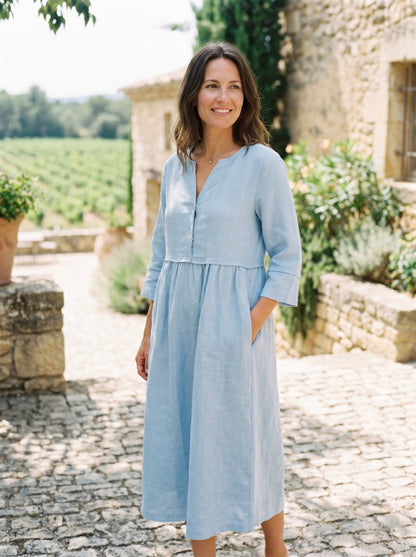 100% Linen Loose Fit Button Waist Gathered Midi Dress LUNA