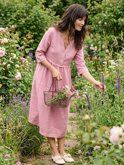 100% Linen Loose Fit Button Waist Gathered Midi Dress LUNA