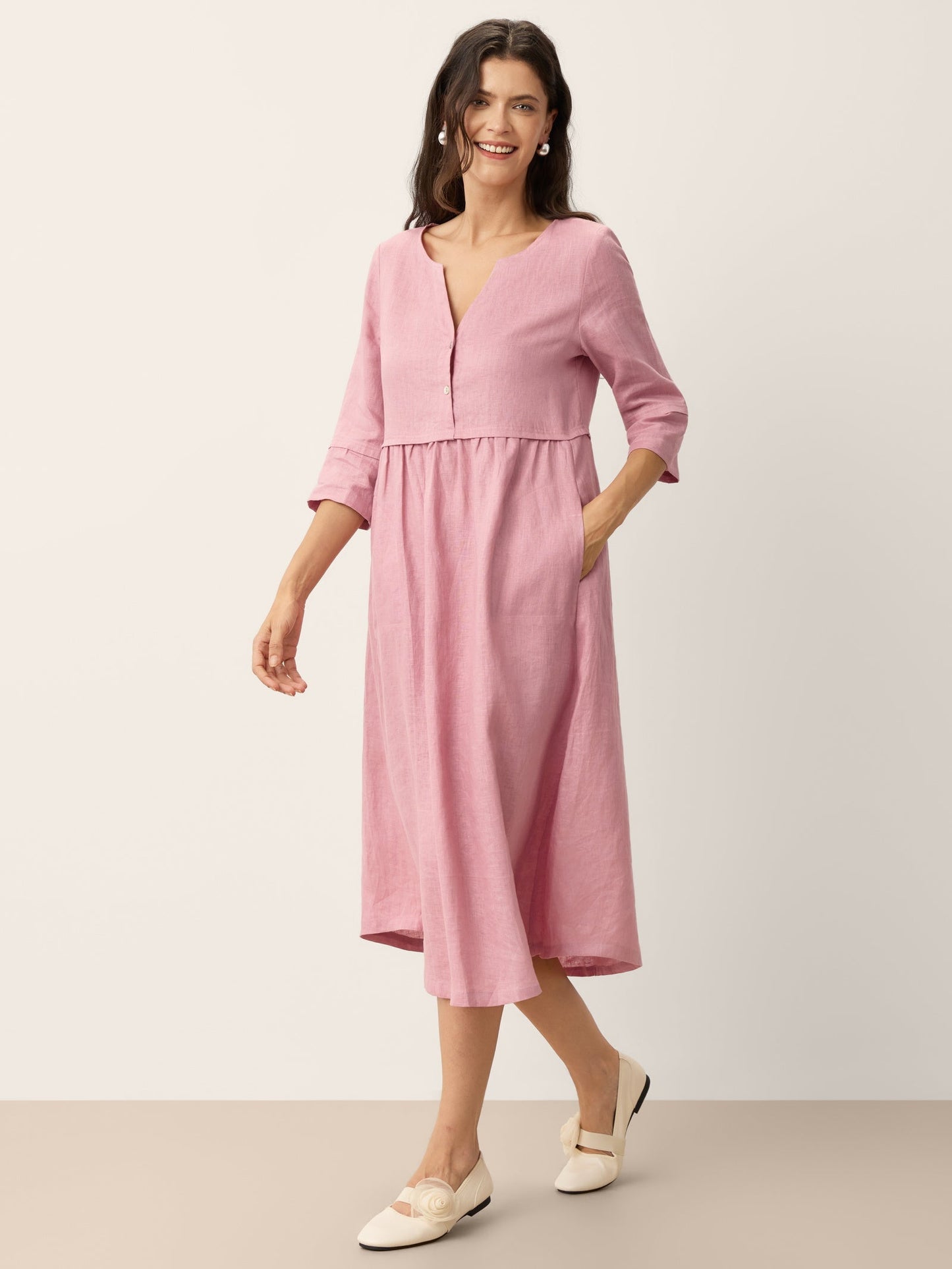 100% Linen Loose Fit Button Waist Gathered Midi Dress LUNA