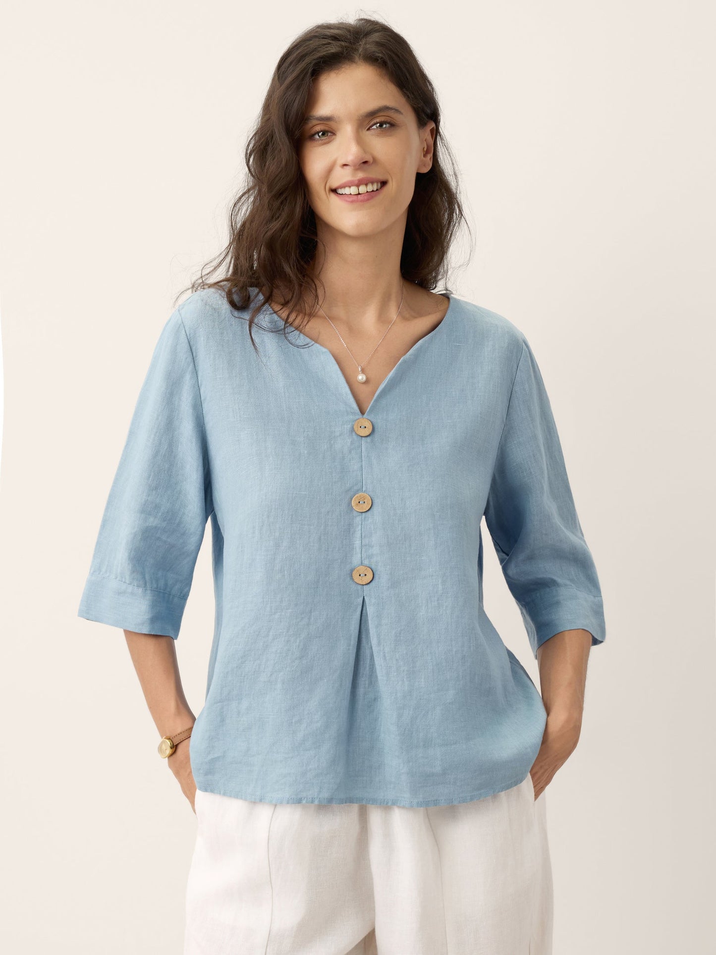 100% Linen Split Neck Inverted Pleat Top TABITHA
