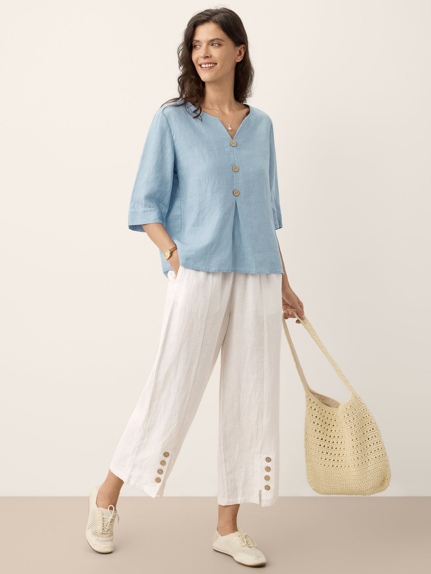 100% Linen Split Neck Inverted Pleat Top TABITHA