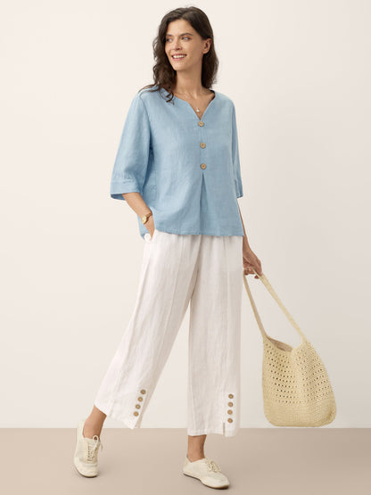 100% Linen Split Neck Inverted Pleat Top TABITHA