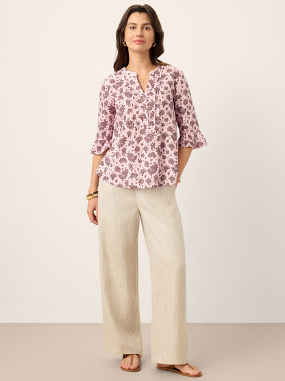 Linen Paisley Pintucked Ruffle-Cuff Curved Hem Blouse ILARIA