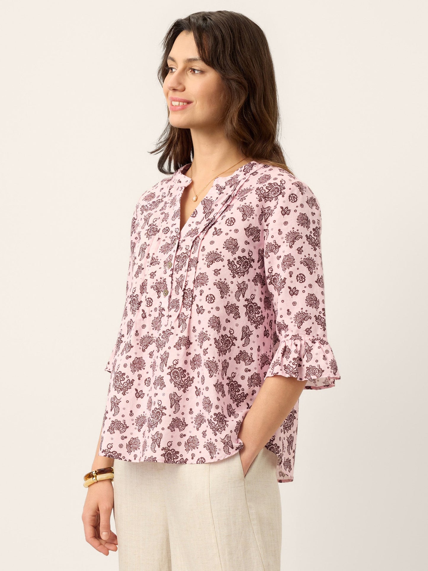 Linen Paisley Pintucked Ruffle-Cuff Curved Hem Blouse ILARIA