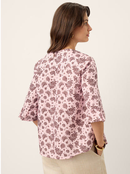 Linen Paisley Pintucked Ruffle-Cuff Curved Hem Blouse ILARIA