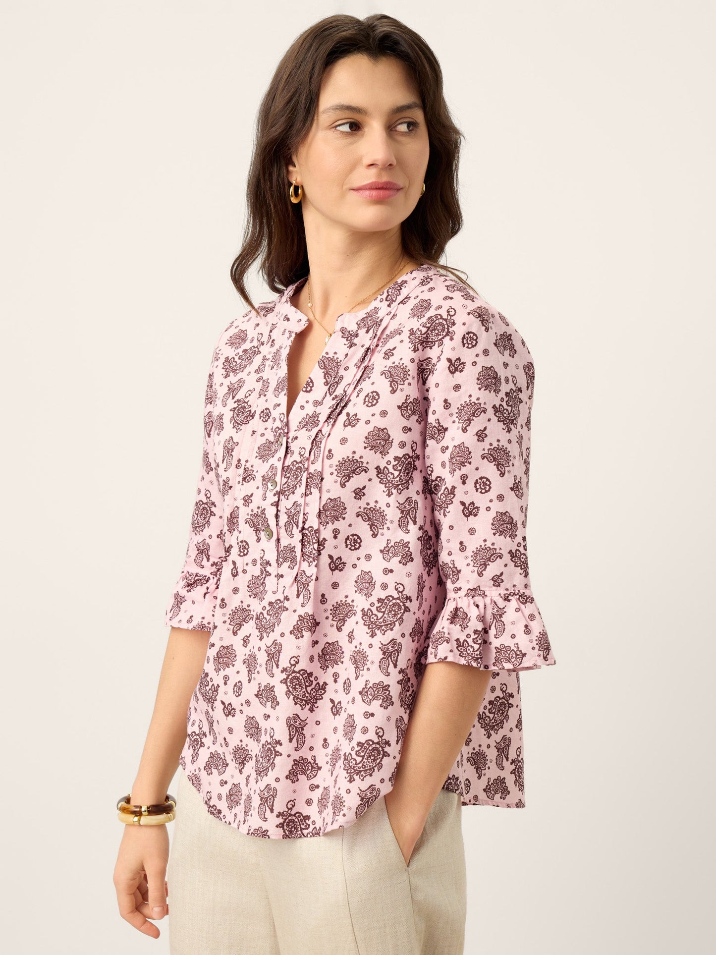 Linen Paisley Pintucked Ruffle-Cuff Curved Hem Blouse ILARIA