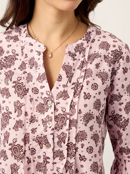 Linen Paisley Pintucked Ruffle-Cuff Curved Hem Blouse ILARIA