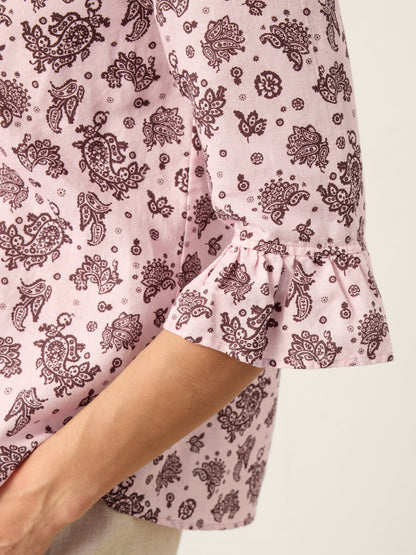 Linen Paisley Pintucked Ruffle-Cuff Curved Hem Blouse ILARIA