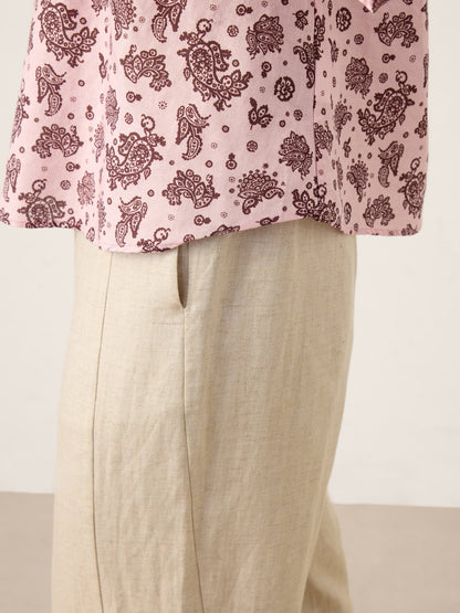 Linen Paisley Pintucked Ruffle-Cuff Curved Hem Blouse ILARIA
