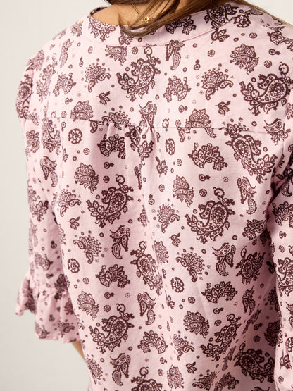 Linen Paisley Pintucked Ruffle-Cuff Curved Hem Blouse ILARIA