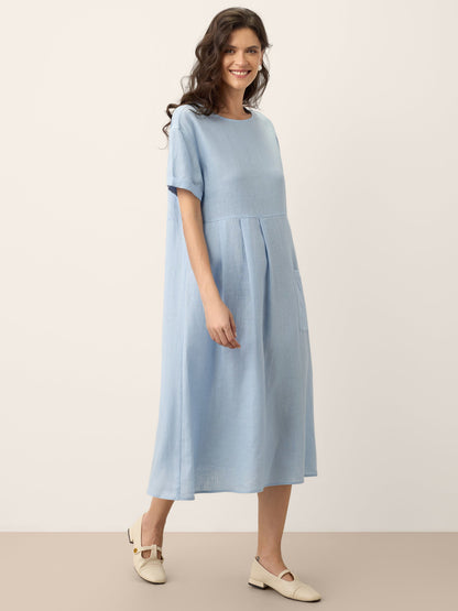 100% Linen Pinstripe Paneled Short-Sleeved Dress MORGAN