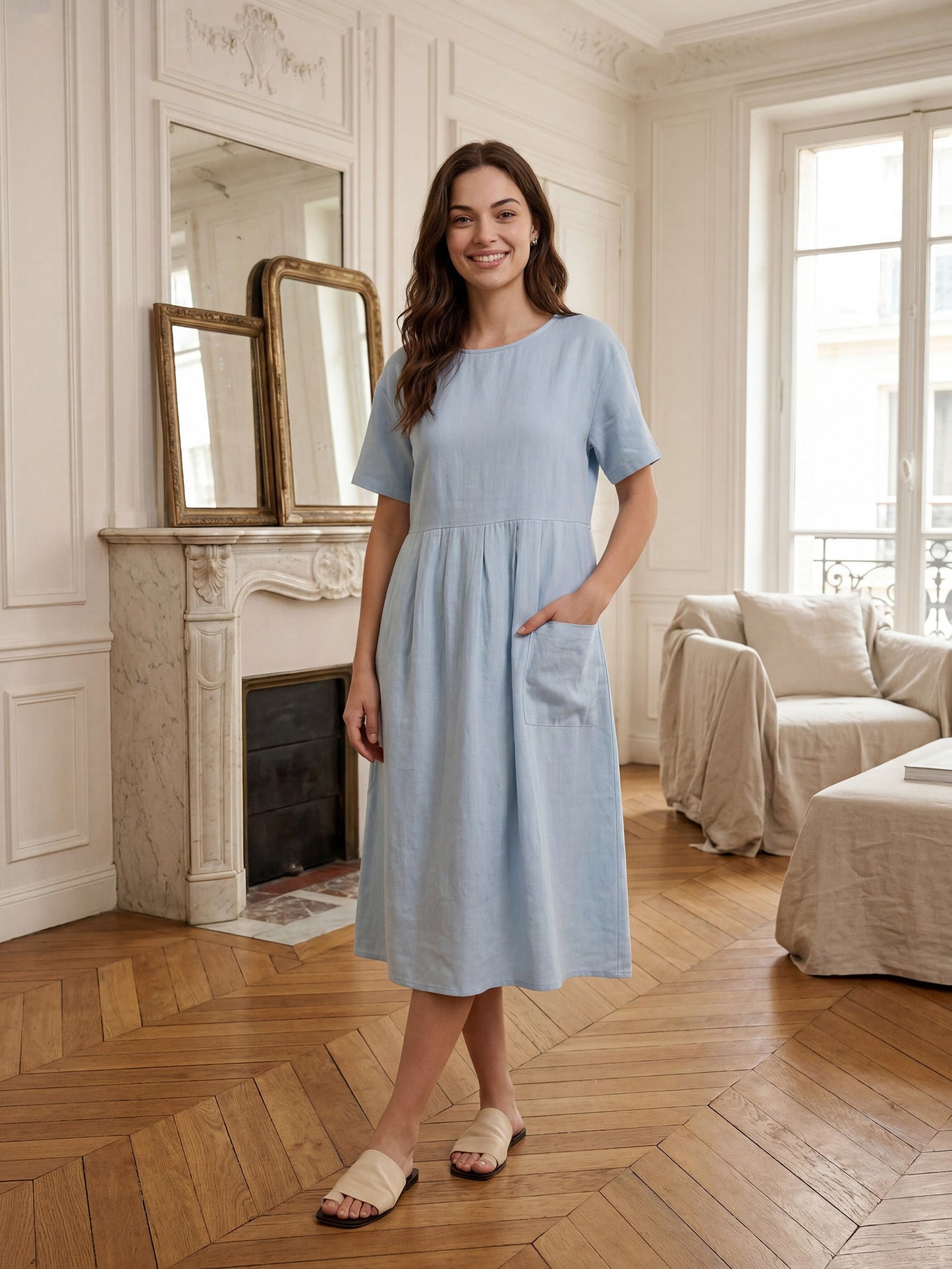 100% Linen Pinstripe Paneled Short-Sleeved Dress MORGAN
