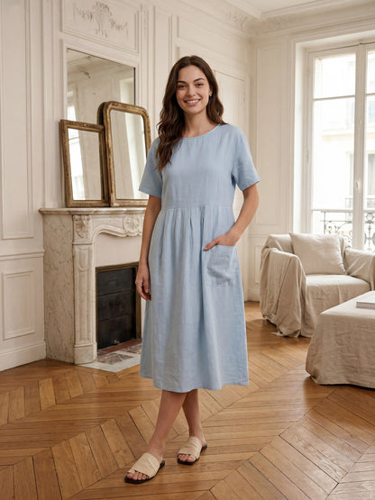 100% Linen Pinstripe Paneled Short-Sleeved Dress MORGAN