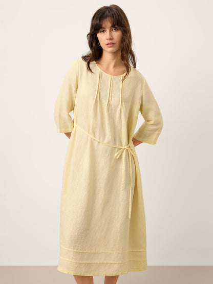 100% Linen Pintucked Embroidered Adjustable Belt Tiered Midi Dres VERENA