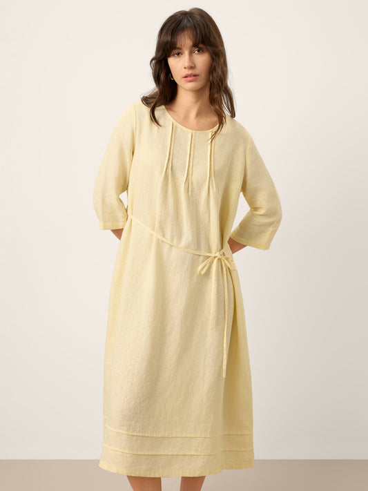 100% Linen Pintucked Embroidered Adjustable Belt Tiered Midi Dres VERENA