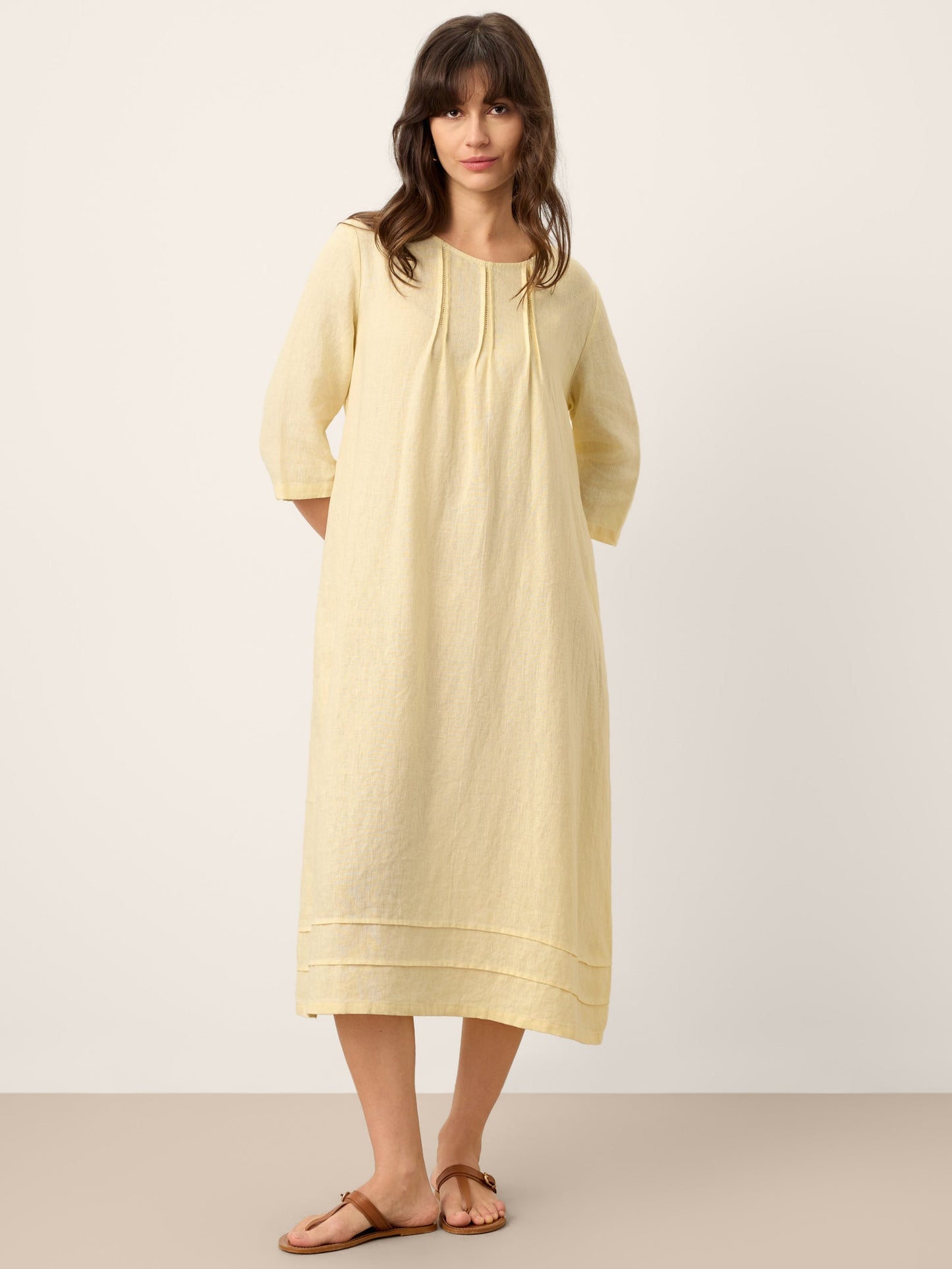 100% Linen Pintucked Embroidered Adjustable Belt Tiered Midi Dres VERENA