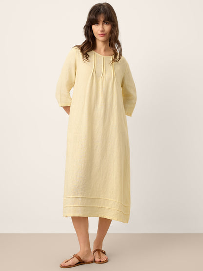 100% Linen Pintucked Embroidered Adjustable Belt Tiered Midi Dres VERENA