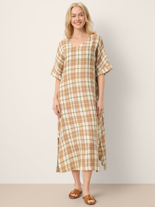 100% Linen Plaid Deep V-Neck Drop Shoulder Side Slit Midi Dress LESLIE