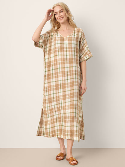 100% Linen Plaid Deep V-Neck Drop Shoulder Side Slit Midi Dress LESLIE