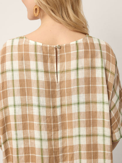 100% Linen Plaid Deep V-Neck Drop Shoulder Side Slit Midi Dress LESLIE