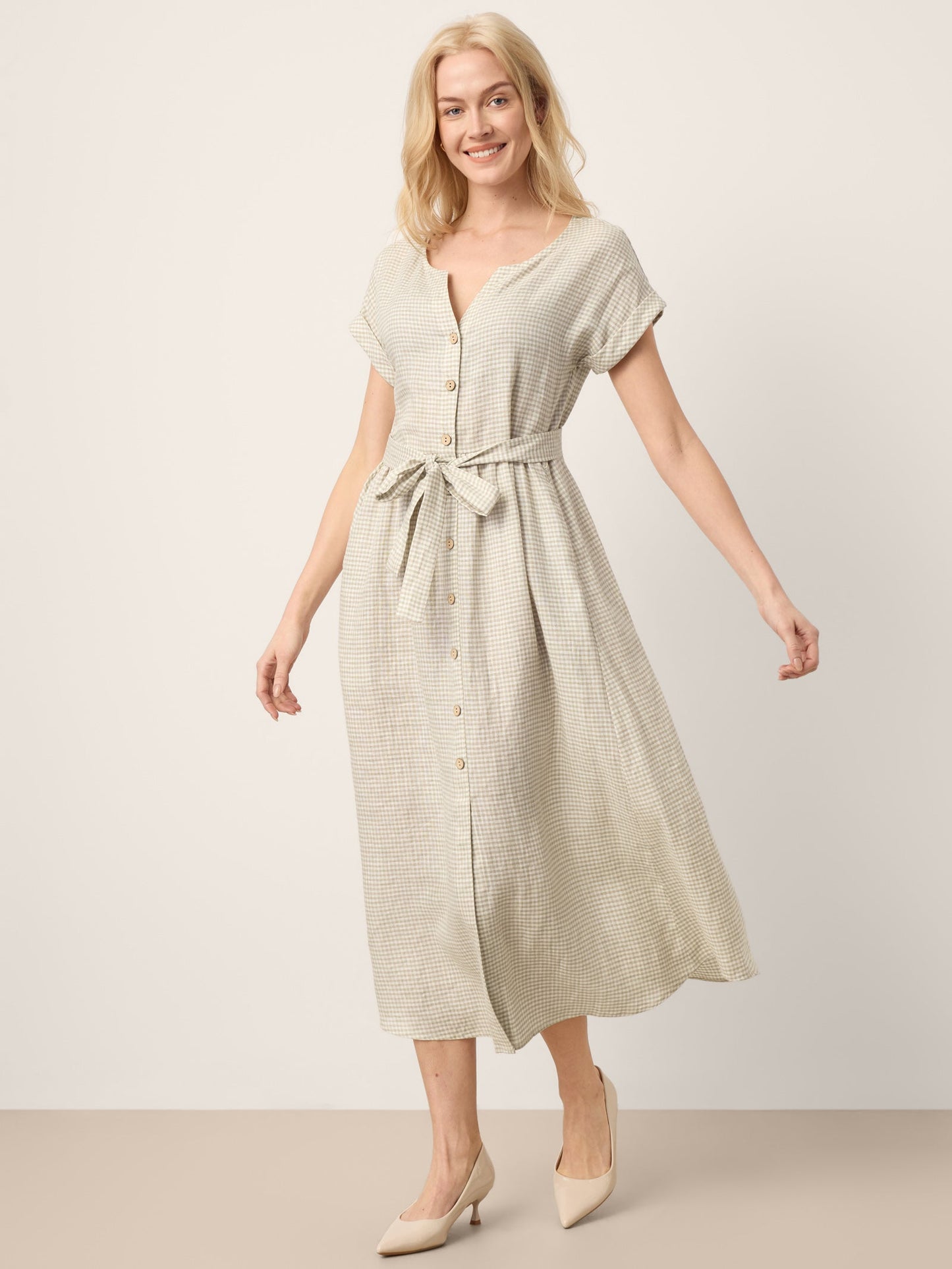 100% Linen Plaid Detachable Tie-Belt Button-Front Maxi Dress LARISSA