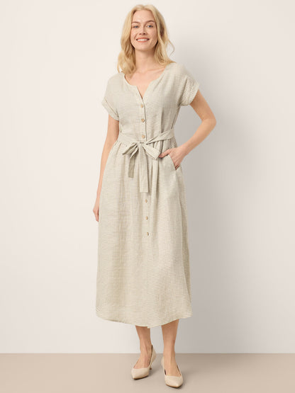100% Linen Plaid Detachable Tie-Belt Button-Front Maxi Dress LARISSA
