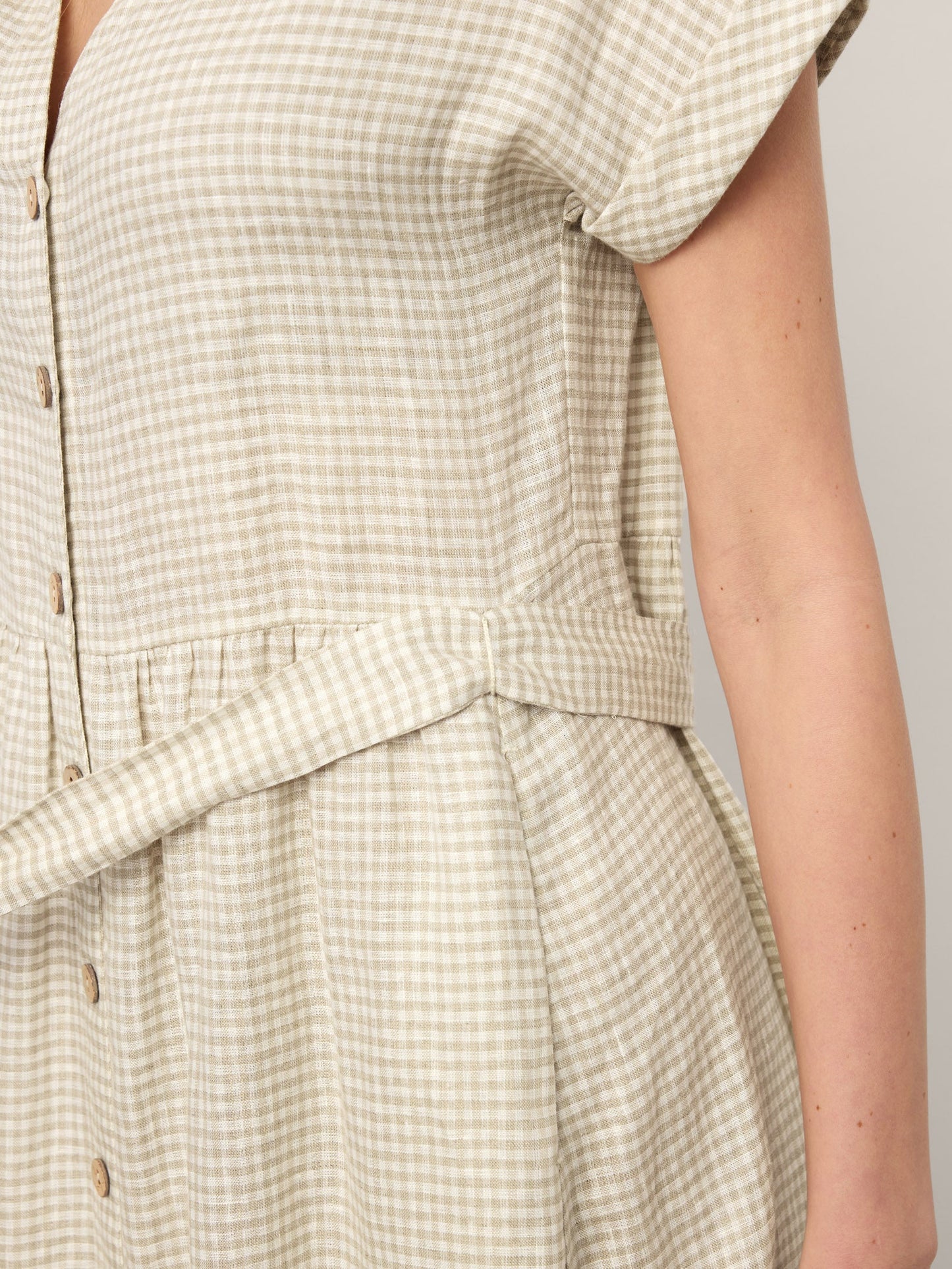 100% Linen Plaid Detachable Tie-Belt Button-Front Maxi Dress LARISSA