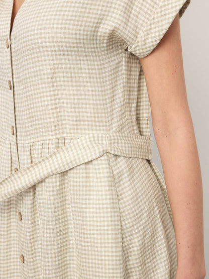 100% Linen Plaid Detachable Tie-Belt Button-Front Maxi Dress LARISSA
