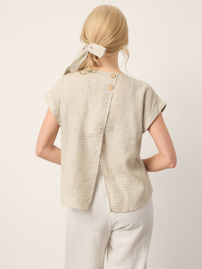 100% Linen Plaid Detachable Tie-Belt Split-Neck Top LEXIE