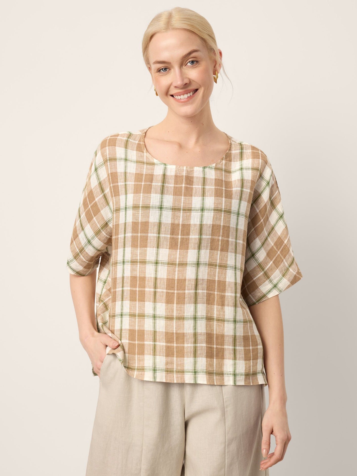 100% Linen Plaid Drop Shoulder Side Slit Top LORNA