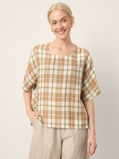 100% Linen Plaid Drop Shoulder Side Slit Top LORNA