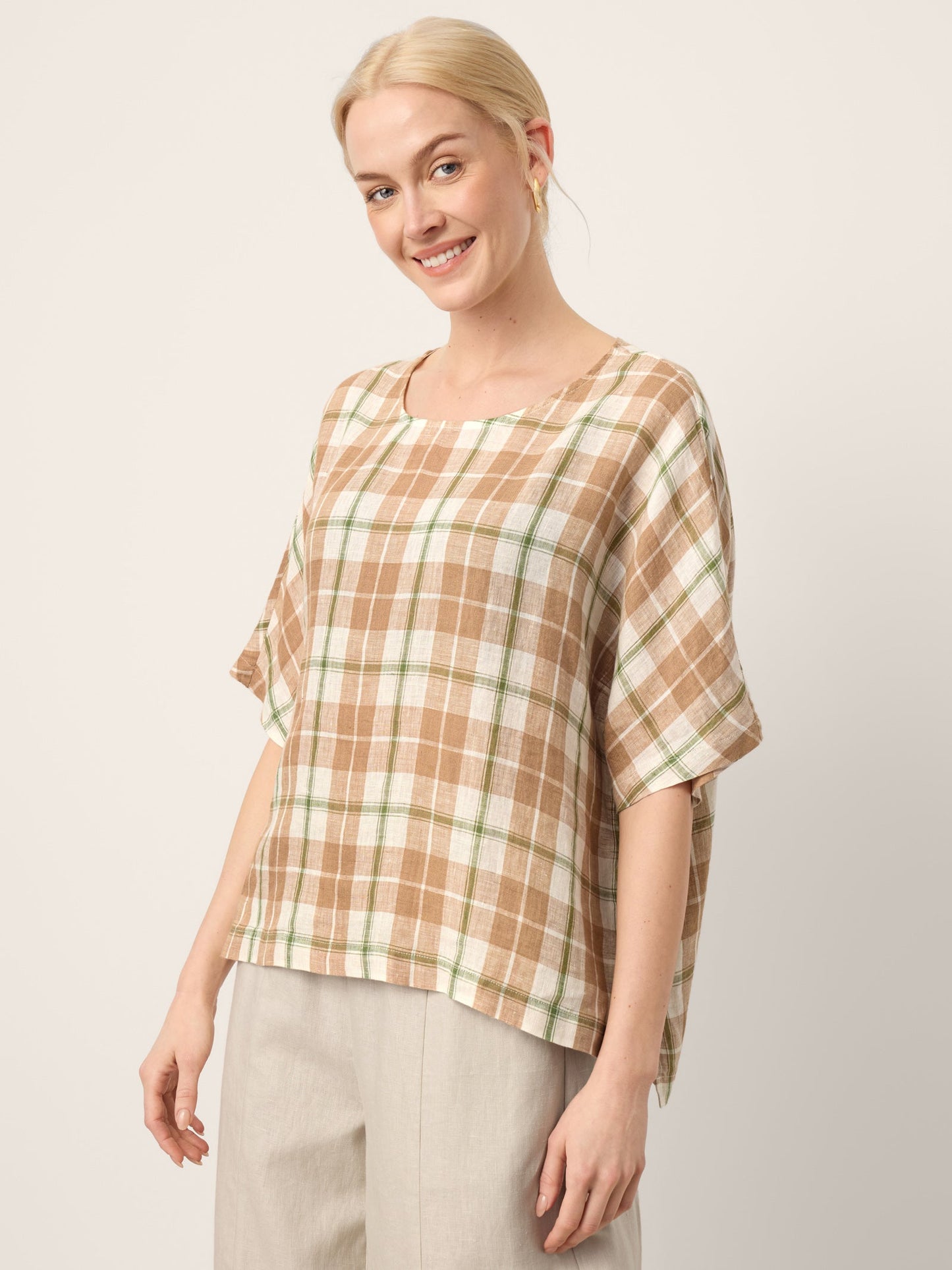100% Linen Plaid Drop Shoulder Side Slit Top LORNA