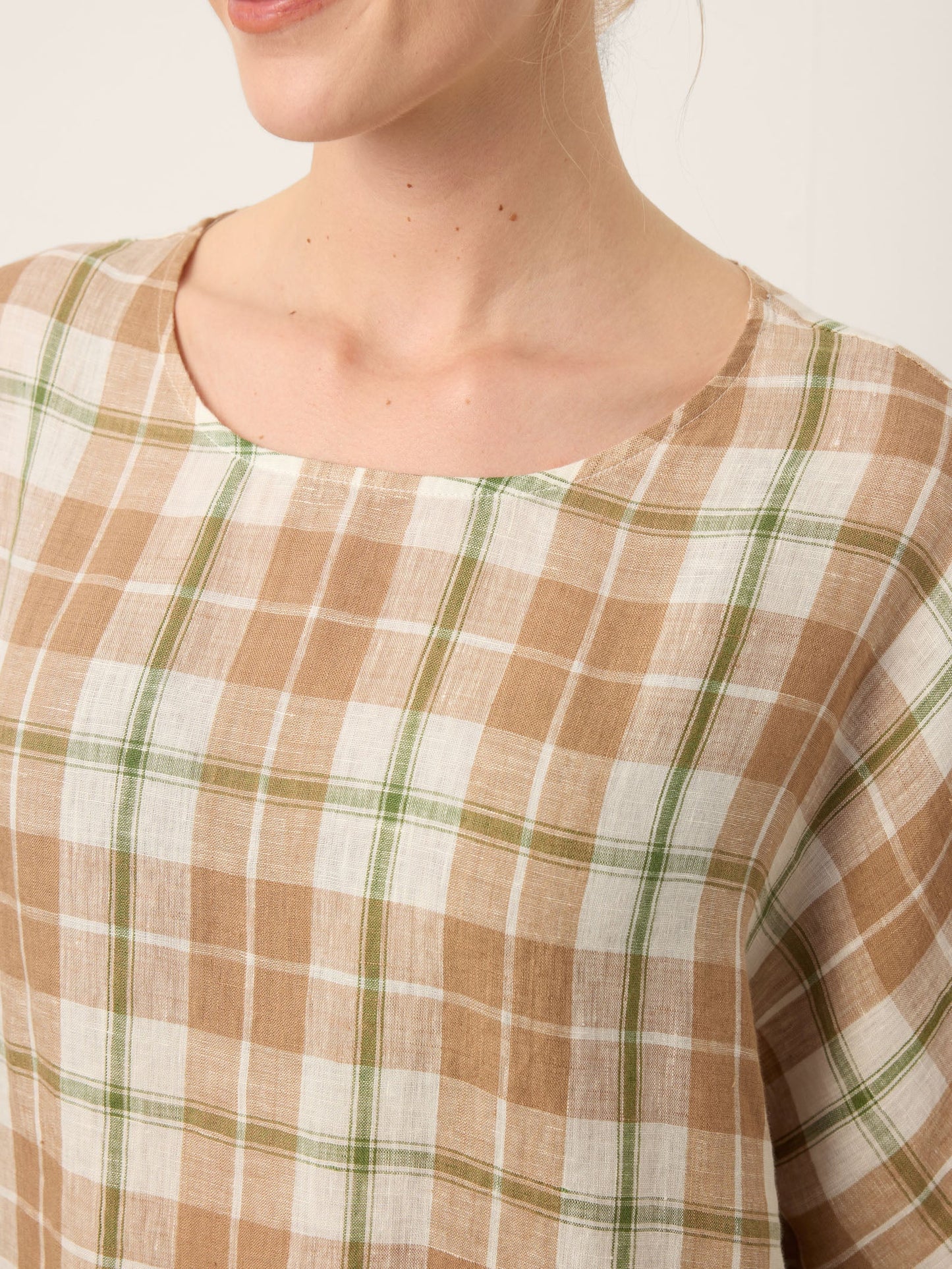 100% Linen Plaid Drop Shoulder Side Slit Top LORNA