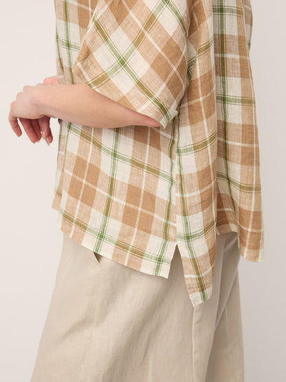 100% Linen Plaid Drop Shoulder Side Slit Top LORNA