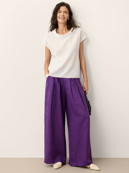 100% Linen Pleated Waist Wide Leg Pants LOUISA