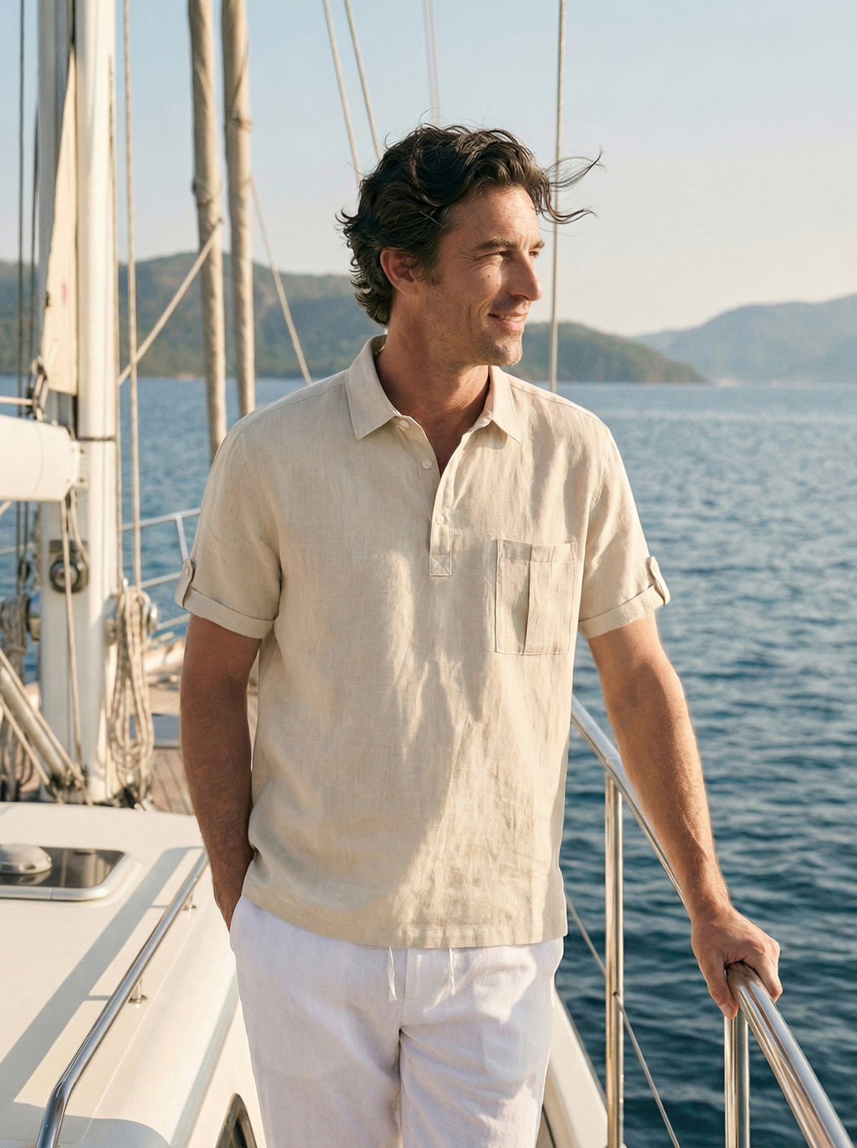 100% Linen Polo-Collar Short-Sleeve Shirt FREDERICK