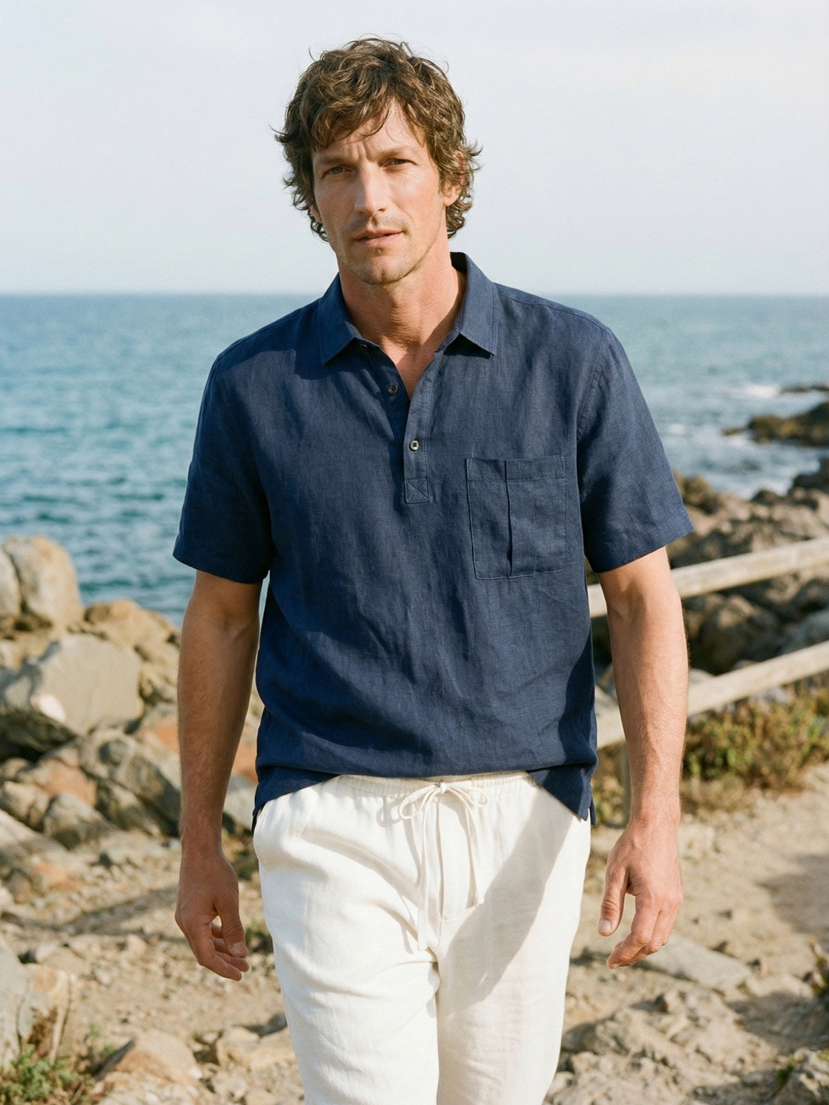 100% Linen Polo-Collar Short-Sleeve Shirt FREDERICK